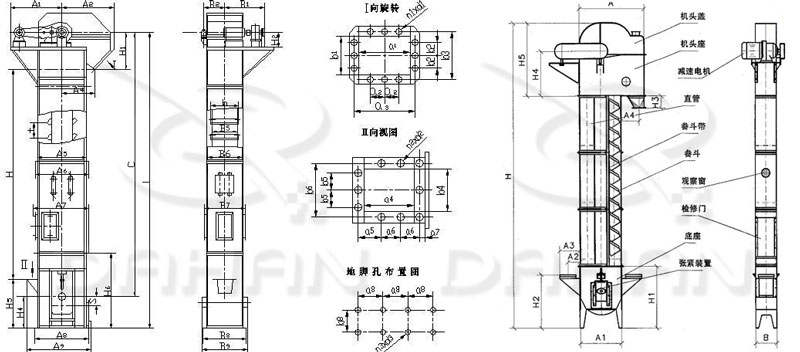 TD/D型斗式提升机基本结构:机头盖，机头座，减速电机，直管，底座，紧张装置等。