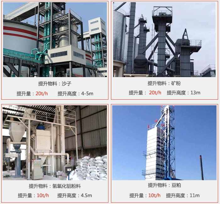 斗式提升机用户使用现场图片：提升沙子提升量：20t/h提升高度：4-5m提升物料：矿粉提升量：20t/h提升高度：13m提升物料：氢氧化铝粉料 提升量：10t/h提升高度：4-5m提升物料：豆粕提升量：10t/h提升高度：11m