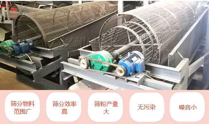 滚筒筛分机主要特点：筛分物料范围广，筛分效率高，筛分产量大，无污染，噪音小。