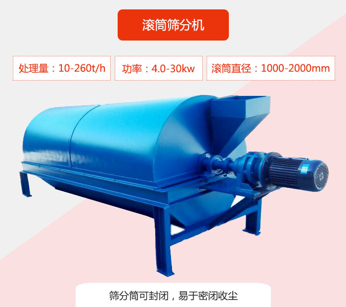 滚筒筛分机：处理能力：10-260t/h  功率：4.0-30kw 滚筒直径：1000-2000mm 筛分筒可封闭，易于密闭收尘