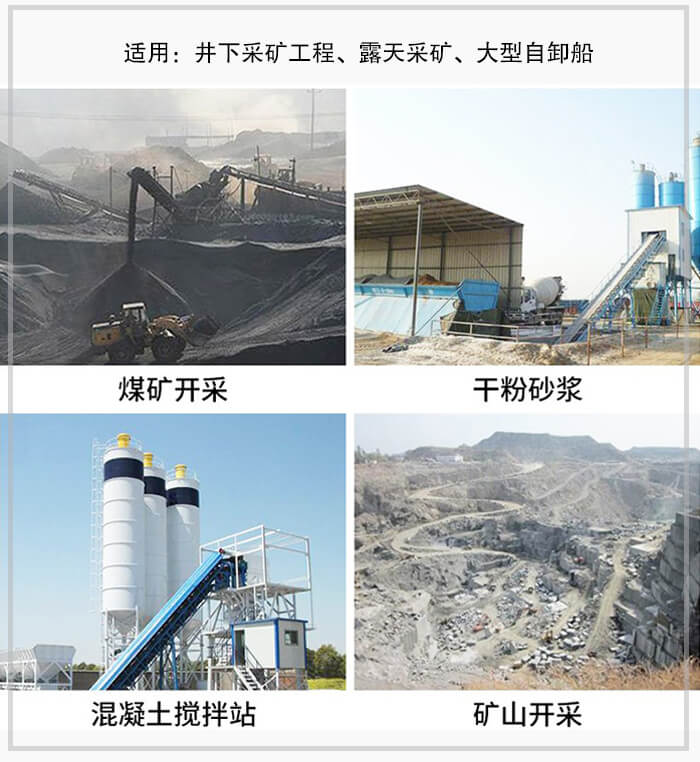 大倾角皮带输送机适用于煤矿开采，混凝土搅拌站，干粉砂浆，矿山开采等行业中。