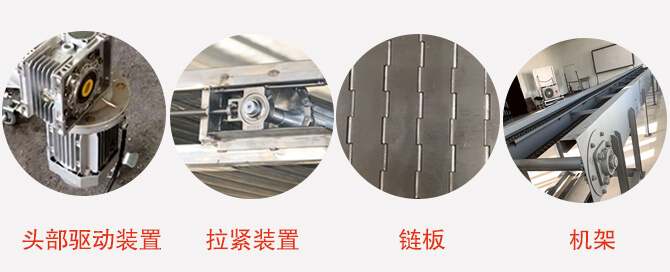 链板输送机结构：头部驱动装置，拉紧装置，链板，机架等图片展示
